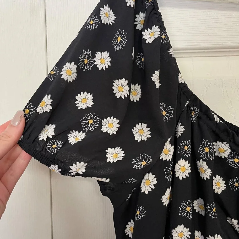 BP Women's NWOT Black Bohemian Y2K Cottage Ditsy Floral Tie Front Mini Dress 3X